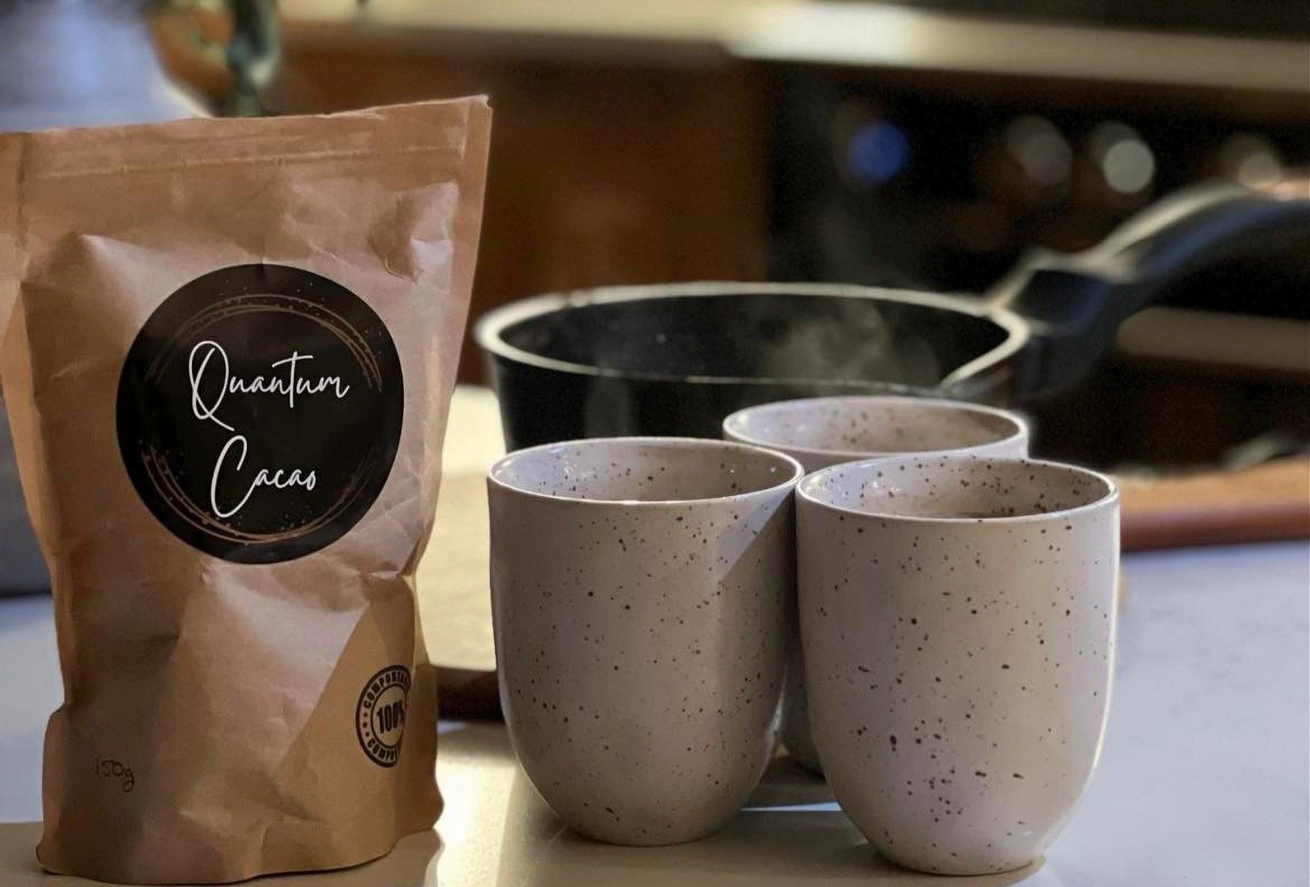 Bag of cacao with 3 mugs