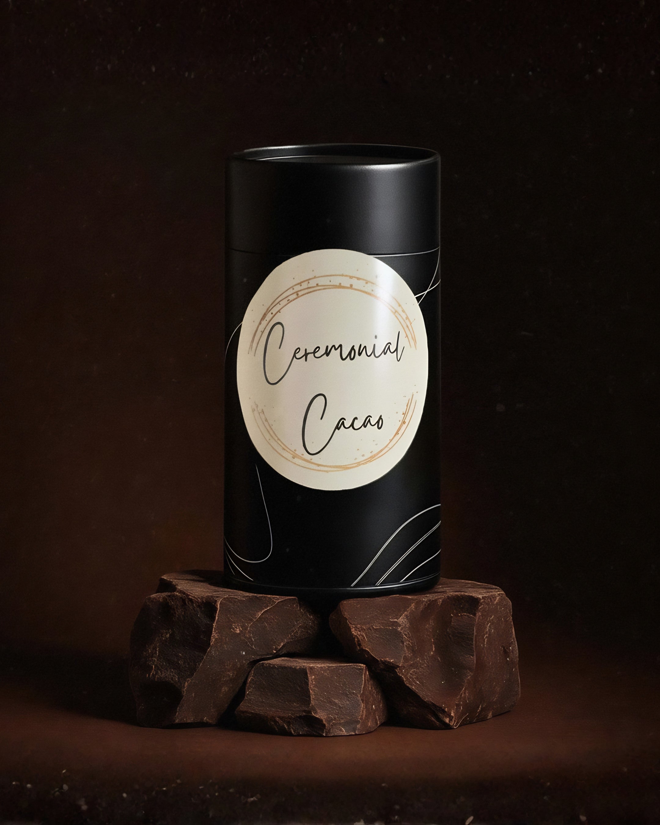 Black cylindrical container labeled 'Ceremonial Cacao' on a dark background with chocolate pieces.