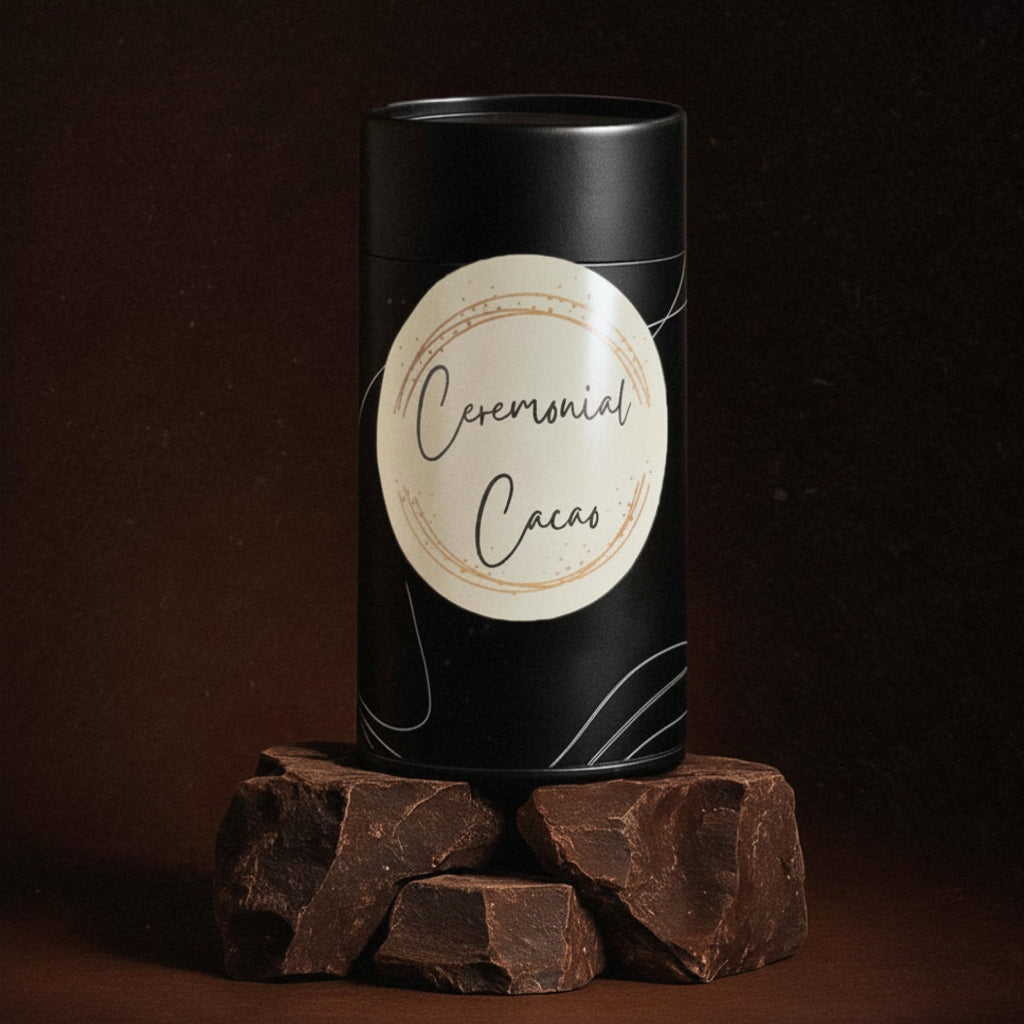 Black cylindrical container labeled 'Ceremonial Cacao' on a dark background with chocolate pieces.