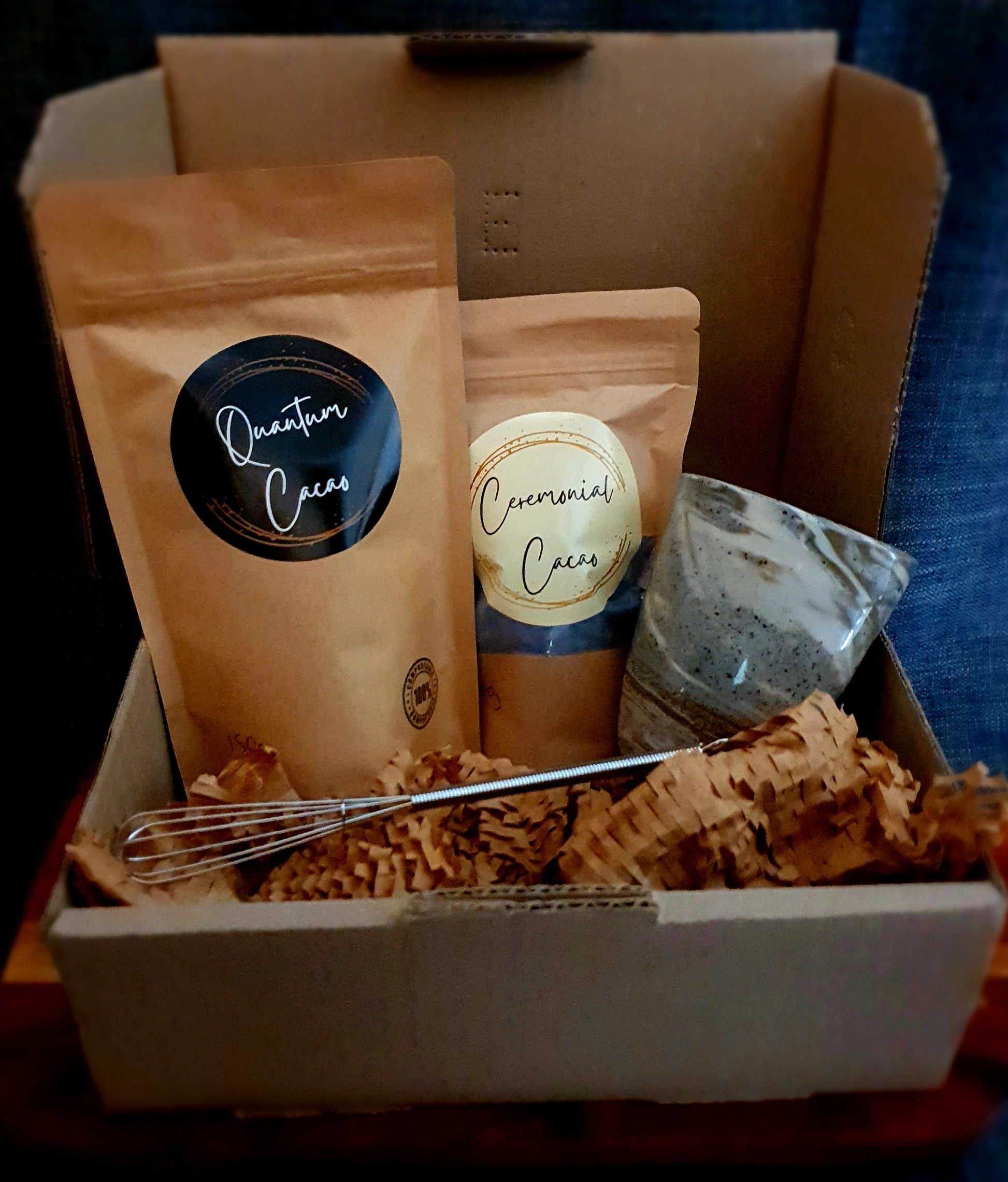 Quantum Cacao gift box with whisk on display